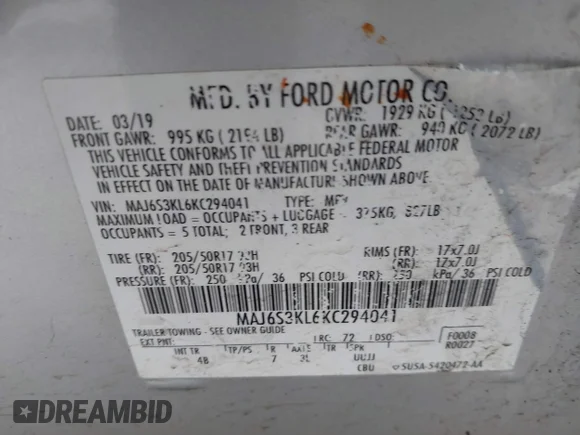 ✅ 2019 Ford EcoSport Titanium • VIN: MAJ6S3KL6KC294041 • Lot: 44759925. Wystawiony na IAAI z przebiegiem 142 641 mil. Bezpłatny archiwum sprzedaży aukcyjnych z USA i szczegółowy raport historii pojazdu na DreamBid. Zdjęcie 9.