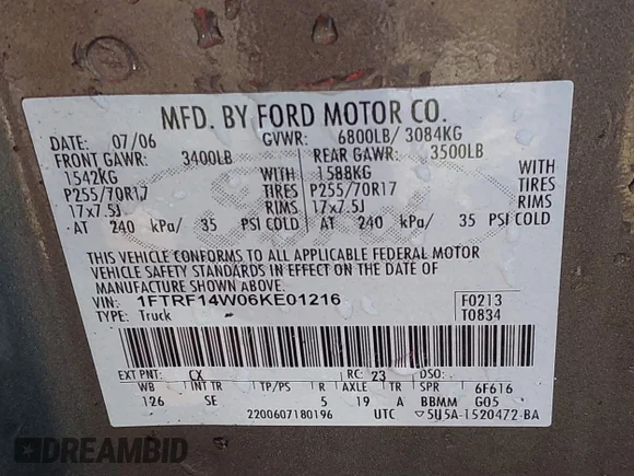 ✅ 2006 Ford F-150 XL • VIN: 1FTRF14W06KE01216 • Lot: 41499144. Wystawiony na IAAI z przebiegiem 192 153 mil. Bezpłatny archiwum sprzedaży aukcyjnych z USA i szczegółowy raport historii pojazdu na DreamBid. Zdjęcie 9.