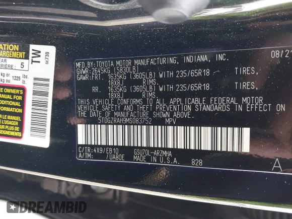 ✅ 2021 Toyota Highlander XLE • VIN: 5TDGZRAH9MS083752 • Лот: 43637378. Опубликован ранее на IAAI с пробегом 25 787 миль. Бесплатный доступ к архиву аукционных продаж из США и подробный отчёт об истории автомобиля на DreamBid. Изображение 9.