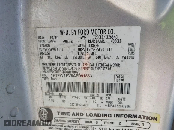 ✅ 2010 Ford F-150 XL • VIN: 1FTFW1EV8AFD91853 • Лот: 44149843. Опубликован ранее на IAAI с пробегом 410 163 миль. Бесплатный доступ к архиву аукционных продаж из США и подробный отчёт об истории автомобиля на DreamBid. Изображение 9.