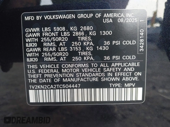 ✅ 2026 Volkswagen Atlas SE • VIN: 1V2KN2CA2TC504447 • Lot: 44738966. Wystawiony na IAAI z przebiegiem 3 682 mil. Bezpłatny archiwum sprzedaży aukcyjnych z USA i szczegółowy raport historii pojazdu na DreamBid. Zdjęcie 9.