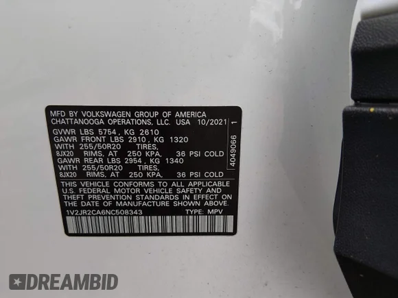 ✅ 2022 Volkswagen Atlas SE • VIN: 1V2JR2CA6NC508343 • Lot: 44597193. Wystawiony na IAAI z przebiegiem 41 093 mil. Bezpłatny archiwum sprzedaży aukcyjnych z USA i szczegółowy raport historii pojazdu na DreamBid. Zdjęcie 9.