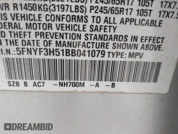 ✅ 2011 Honda Pilot EX-L • VIN: 5FNYF3H51BB041079 • Lot: 44919389. Listed on IAAI with 201,905 mi. Free auction sales archive from the USA and detailed vehicle history report at DreamBid. Image 9.
