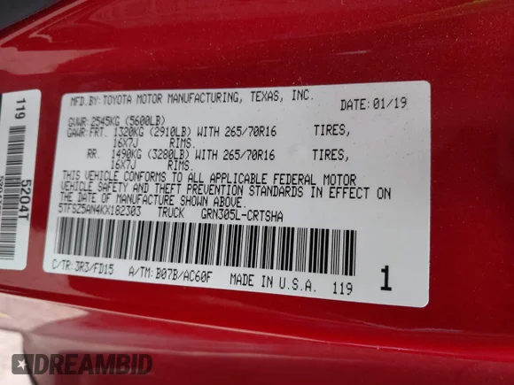 ✅ 2019 Toyota Tacoma SR5 • VIN: 5TFSZ5AN4KX182303 • Лот: 42987634. Опубліковано раніше на IAAI з пробігом 94 697 миль. Безкоштовний доступ до архіву аукціонних продажів зі США та докладний звіт про історію автомобіля на DreamBid. Зображення 9.