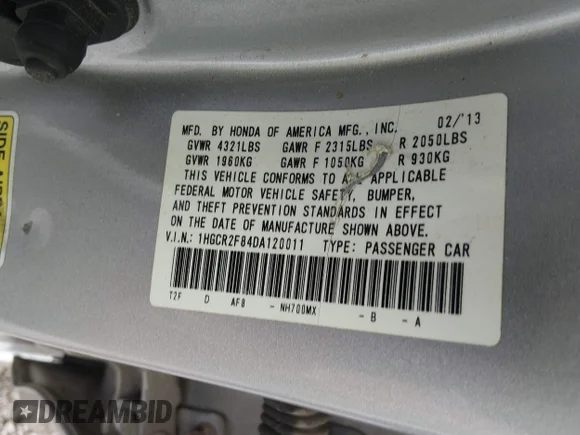 ✅ 2013 Honda Accord EX-L • VIN: 1HGCR2F84DA120011 • Lot: 44962122. Listed on IAAI with 132,644 mi. Free auction sales archive from the USA and detailed vehicle history report at DreamBid. Image 9.