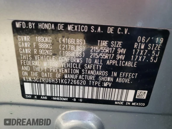 ✅ 2019 Honda HR-V LX • VIN: 3CZRU6H31KG726620 • Lot: 39477153. Wystawiony na Copart z przebiegiem Nie podano. Bezpłatny archiwum sprzedaży aukcyjnych z USA i szczegółowy raport historii pojazdu na DreamBid. Zdjęcie 13.