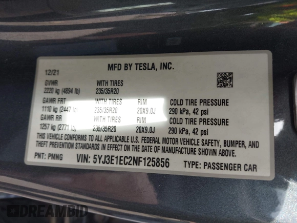 ✅ 2022 Tesla Model 3 Performance • VIN: 5YJ3E1EC2NF125856 • Lot: 44418514. Wystawiony na IAAI z przebiegiem 89 768 mil. Bezpłatny archiwum sprzedaży aukcyjnych z USA i szczegółowy raport historii pojazdu na DreamBid. Zdjęcie 9.