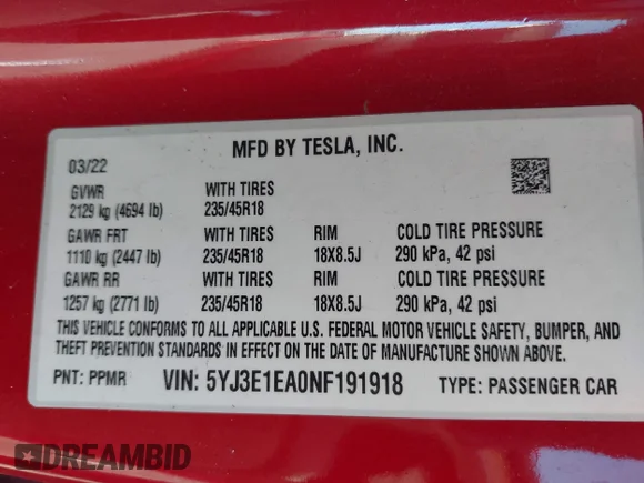 ✅ 2022 Tesla Model 3 • VIN: 5YJ3E1EA0NF191918 • Лот: 44167467. Опубліковано раніше на IAAI з пробігом 121 820 миль. Безкоштовний доступ до архіву аукціонних продажів зі США та докладний звіт про історію автомобіля на DreamBid. Зображення 9.