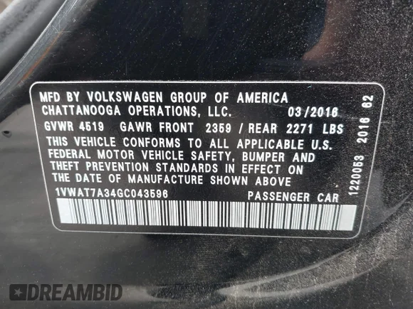 ✅ 2016 Volkswagen Passat S • VIN: 1VWAT7A34GC043596 • Lot: 44348477. Wystawiony na IAAI z przebiegiem 319 374 mil. Bezpłatny archiwum sprzedaży aukcyjnych z USA i szczegółowy raport historii pojazdu na DreamBid. Zdjęcie 9.