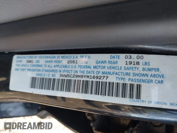 ✅ 2000 Volkswagen Jetta GLS • VIN: 3VWSC29M9YM169277 • Lot: 43150052. Listed on IAAI with 176,289 mi. Free auction sales archive from the USA and detailed vehicle history report at DreamBid. Image 9.