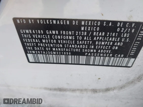 ✅ 2016 Volkswagen Jetta S • VIN: 3VW267AJ3GM321896 • Lot: 45012684. Wystawiony na IAAI z przebiegiem 273 448 mil. Bezpłatny archiwum sprzedaży aukcyjnych z USA i szczegółowy raport historii pojazdu na DreamBid. Zdjęcie 9.