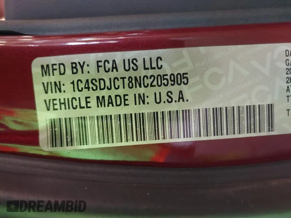 ✅ 2022 Dodge Durango R/T • VIN: 1C4SDJCT8NC205905 • Lot: 43235505. Listed on IAAI with 78,486 mi. Free auction sales archive from the USA and detailed vehicle history report at DreamBid. Image 9.