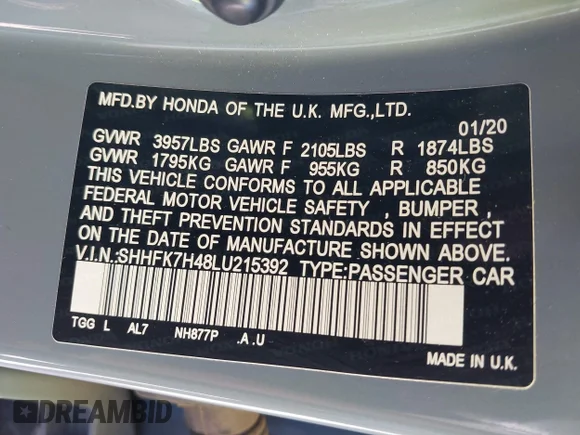 ✅ 2020 Honda Civic Sport • VIN: SHHFK7H48LU215392 • Lot: 43688341. Wystawiony na IAAI z przebiegiem 71 298 mil. Bezpłatny archiwum sprzedaży aukcyjnych z USA i szczegółowy raport historii pojazdu na DreamBid. Zdjęcie 9.