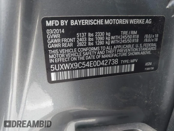 ✅ 2014 BMW X3 xDrive28i • VIN: 5UXWX9C54E0D42738 • Lot: 43948028. Listed on IAAI with 106,603 mi. Free auction sales archive from the USA and detailed vehicle history report at DreamBid. Image 9.