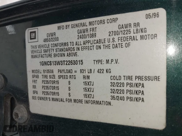 ✅ 1996 GMC Jimmy SL • VIN: 1GKDT13W6T2539914 • Лот: 42188978. Опубліковано раніше на IAAI з пробігом 252 767 миль. Безкоштовний доступ до архіву аукціонних продажів зі США та докладний звіт про історію автомобіля на DreamBid. Зображення 9.