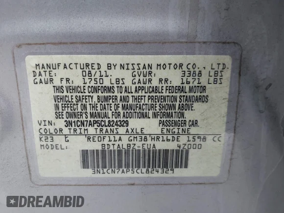 ✅ 2012 Nissan Versa SL • VIN: 3N1CN7AP5CL824329 • Lot: 45191974. Listed on IAAI with 85,435 mi. Free auction sales archive from the USA and detailed vehicle history report at DreamBid. Image 9.