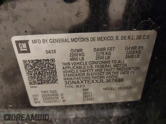 ✅ 2018 Chevrolet Equinox LT • VIN: 3GNAXTEXXJL367698 • Lot: 43946360. Wystawiony na IAAI z przebiegiem 73 196 mil. Bezpłatny archiwum sprzedaży aukcyjnych z USA i szczegółowy raport historii pojazdu na DreamBid. Zdjęcie 9.