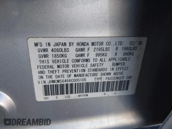 ✅ 2006 Honda Accord LX • VIN: JHMCM56466C005105 • Lot: 43462348. Wystawiony na IAAI z przebiegiem 219 798 mil. Bezpłatny archiwum sprzedaży aukcyjnych z USA i szczegółowy raport historii pojazdu na DreamBid. Zdjęcie 9.