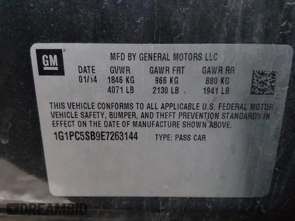 ✅ 2014 Chevrolet Cruze 1LT • VIN: 1G1PC5SB9E7263144 • Lot: 43953743. Listed on IAAI with 149,480 mi. Free auction sales archive from the USA and detailed vehicle history report at DreamBid. Image 9.
