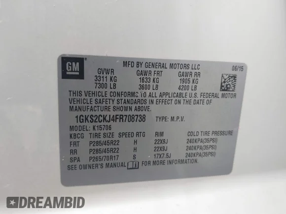 ✅ 2015 GMC Yukon Denali • VIN: 1GKS2CKJ4FR708738 • Lot: 44376648. Wystawiony na IAAI z przebiegiem 99 405 mil. Bezpłatny archiwum sprzedaży aukcyjnych z USA i szczegółowy raport historii pojazdu na DreamBid. Zdjęcie 9.