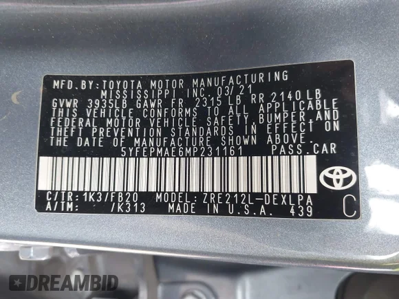 ✅ 2021 Toyota Corolla LE • VIN: 5YFEPMAE6MP231161 • Lot: 44742638. Wystawiony na IAAI z przebiegiem 97 606 mil. Bezpłatny archiwum sprzedaży aukcyjnych z USA i szczegółowy raport historii pojazdu na DreamBid. Zdjęcie 9.