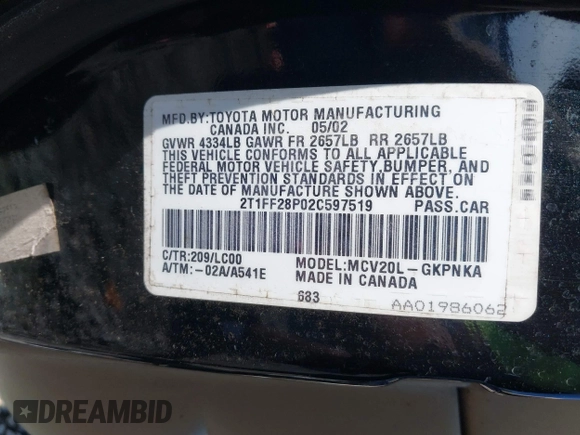 ✅ 2002 Toyota Solara SE • VIN: 2T1FF28P02C597519 • Lot: 42873465. Wystawiony na IAAI z przebiegiem 190 368 mil. Bezpłatny archiwum sprzedaży aukcyjnych z USA i szczegółowy raport historii pojazdu na DreamBid. Zdjęcie 9.