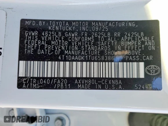 ✅ 2026 Toyota Camry SE • VIN: 4T1DAACK1TU658386 • Lot: 72375215. Wystawiony na Copart z przebiegiem 2 327 mil. Bezpłatny archiwum sprzedaży aukcyjnych z USA i szczegółowy raport historii pojazdu na DreamBid. Zdjęcie 13.