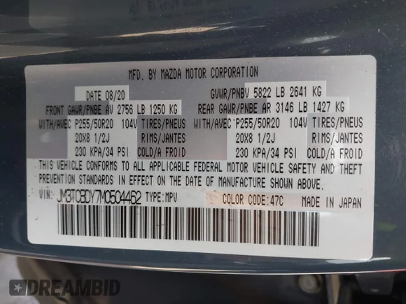✅ 2021 Mazda CX-9 Carbon Edition • VIN: JM3TCBDY7M0504462 • Лот: 42590034. Опубликован ранее на IAAI с пробегом 89 712 миль. Бесплатный доступ к архиву аукционных продаж из США и подробный отчёт об истории автомобиля на DreamBid. Изображение 9.