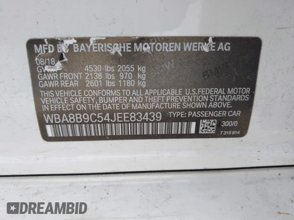 ✅ 2018 BMW 3 Series 330i • VIN: WBA8B9C54JEE83439 • Lot: 44026280. Listed on IAAI with 100,837 mi. Free auction sales archive from the USA and detailed vehicle history report at DreamBid. Image 9.