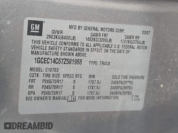 ✅ 2007 Chevrolet Silverado 1500 Work Truck • VIN: 1GCEC14C67Z581968 • Lot: 44918765. Listed on IAAI with 127,235 mi. Free auction sales archive from the USA and detailed vehicle history report at DreamBid. Image 9.
