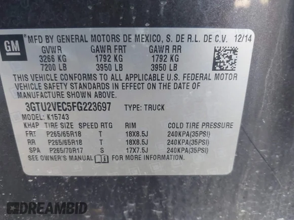 ✅ 2015 GMC Sierra 1500 SLT • VIN: 3GTU2VEC5FG223697 • Lot: 44802879. Listed on IAAI with 70,127 mi. Free auction sales archive from the USA and detailed vehicle history report at DreamBid. Image 9.