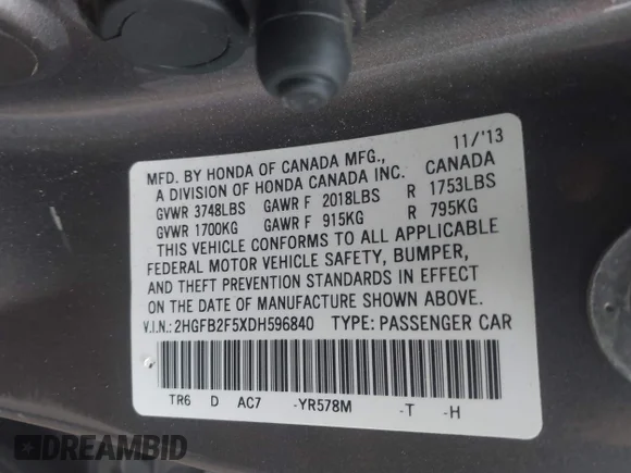 ✅ 2013 Honda Civic LX • VIN: 2HGFB2F5XDH596840 • Lot: 45011621. Listed on IAAI with 111,759 mi. Free auction sales archive from the USA and detailed vehicle history report at DreamBid. Image 9.