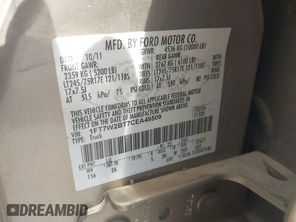 ✅ 2012 Ford F-250 XL • VIN: 1FT7W2BT7CEA49509 • Lot: 42742025. Listed on IAAI with 116,750 mi. Free auction sales archive from the USA and detailed vehicle history report at DreamBid. Image 9.