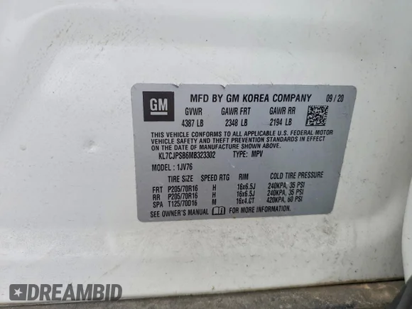 ✅ 2021 Chevrolet Trax LT • VIN: KL7CJPSB6MB323302 • Lot: 50493866. Wystawiony na Copart z przebiegiem 105 684 mil. Bezpłatny archiwum sprzedaży aukcyjnych z USA i szczegółowy raport historii pojazdu na DreamBid. Zdjęcie 13.