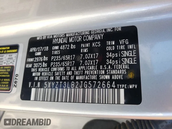 ✅ 2018 Hyundai Santa Fe 2.4L • VIN: 5XYZT3LB2JG572664 • Lot: 38886843. Wystawiony na Copart z przebiegiem 63 579 mil. Bezpłatny archiwum sprzedaży aukcyjnych z USA i szczegółowy raport historii pojazdu na DreamBid. Zdjęcie 12.