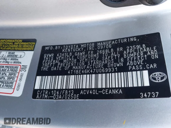 ✅ 2007 Toyota Camry SE • VIN: 4T1BE46K47U069931 • Lot: 43986281. Wystawiony na IAAI z przebiegiem Nie podano. Bezpłatny archiwum sprzedaży aukcyjnych z USA i szczegółowy raport historii pojazdu na DreamBid. Zdjęcie 9.