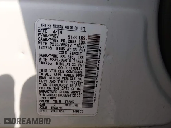 ✅ 2014 Nissan Murano SV • VIN: JN8AZ1MU8EW413127 • Lot: 44719012. Wystawiony na IAAI z przebiegiem 126 104 mil. Bezpłatny archiwum sprzedaży aukcyjnych z USA i szczegółowy raport historii pojazdu na DreamBid. Zdjęcie 7.