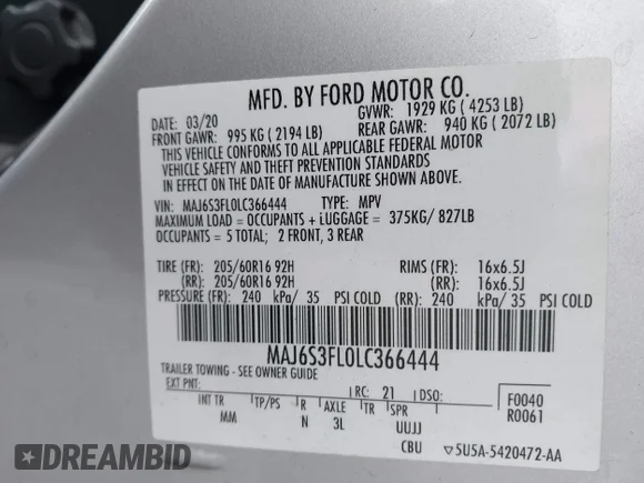 ✅ 2020 Ford EcoSport S • VIN: MAJ6S3FL0LC366444 • Lot: 44911579. Wystawiony na IAAI z przebiegiem 76 310 mil. Bezpłatny archiwum sprzedaży aukcyjnych z USA i szczegółowy raport historii pojazdu na DreamBid. Zdjęcie 9.