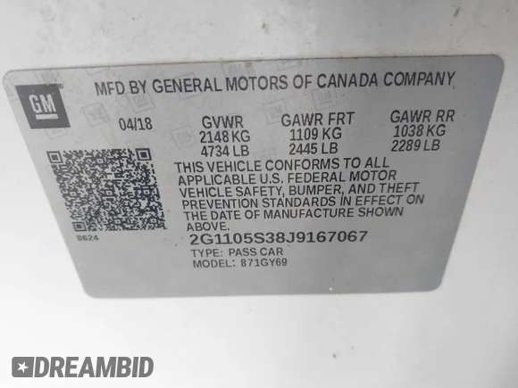✅ 2018 Chevrolet Impala LT • VIN: 2G1105S38J9167067 • Lot: 42284636. Listed on IAAI with 99,824 mi. Free auction sales archive from the USA and detailed vehicle history report at DreamBid. Image 9.