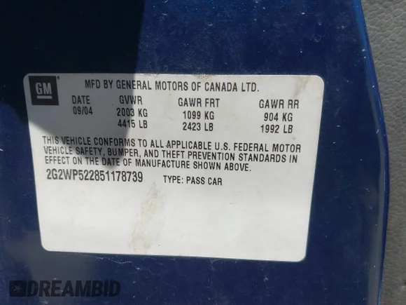 ✅ 2005 Pontiac Grand Prix • VIN: 2G2WP522851178739 • Lot: 44922668. Listed on IAAI with 172,869 mi. Free auction sales archive from the USA and detailed vehicle history report at DreamBid. Image 9.