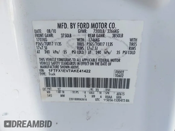 ✅ 2010 Ford F-150 XL • VIN: 1FTFX1EV7AKE41422 • Lot: 44458916. Wystawiony na IAAI z przebiegiem 245 413 mil. Bezpłatny archiwum sprzedaży aukcyjnych z USA i szczegółowy raport historii pojazdu na DreamBid. Zdjęcie 9.
