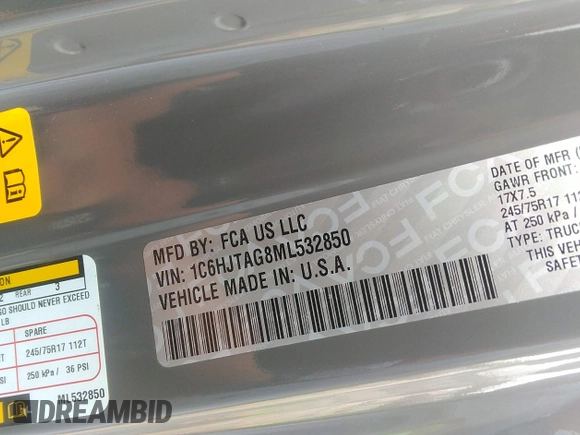 ✅ 2021 Jeep Gladiator Willys • VIN: 1C6HJTAG8ML532850 • Lot: 43389939. Wystawiony na IAAI z przebiegiem 75 212 mil. Bezpłatny archiwum sprzedaży aukcyjnych z USA i szczegółowy raport historii pojazdu na DreamBid. Zdjęcie 9.