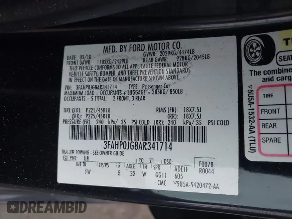 ✅ 2010 Ford Fusion SEL • VIN: 3FAHP0JG8AR341714 • Lot: 43987980. Wystawiony na IAAI z przebiegiem 110 062 mil. Bezpłatny archiwum sprzedaży aukcyjnych z USA i szczegółowy raport historii pojazdu na DreamBid. Zdjęcie 9.