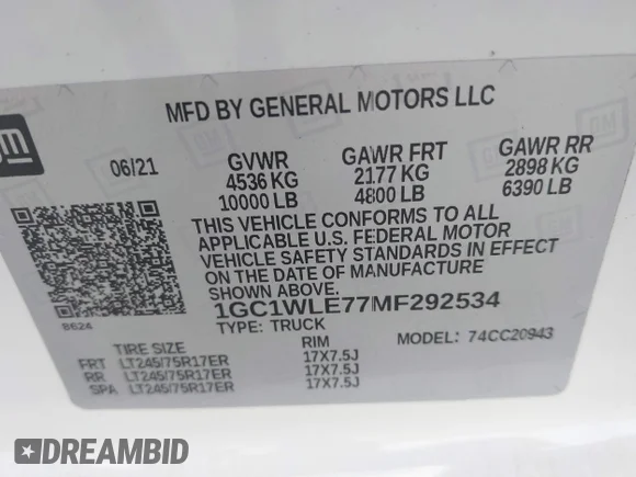 ✅ 2021 Chevrolet Silverado 2500HD Work Truck • VIN: 1GC1WLE77MF292534 • Lot: 42295469. Wystawiony na IAAI z przebiegiem 109 217 mil. Bezpłatny archiwum sprzedaży aukcyjnych z USA i szczegółowy raport historii pojazdu na DreamBid. Zdjęcie 9.