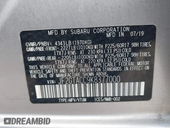 ✅ 2019 Subaru Crosstrek Premium • VIN: JF2GTACC9K8377000 • Lot: 44983972. Wystawiony na IAAI z przebiegiem 192 116 mil. Bezpłatny archiwum sprzedaży aukcyjnych z USA i szczegółowy raport historii pojazdu na DreamBid. Zdjęcie 9.