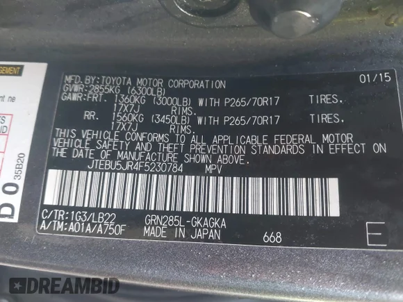 ✅ 2015 Toyota 4Runner Limited • VIN: JTEBU5JR4F5230784 • Lot: 43986204. Wystawiony na IAAI z przebiegiem 135 678 mil. Bezpłatny archiwum sprzedaży aukcyjnych z USA i szczegółowy raport historii pojazdu na DreamBid. Zdjęcie 9.