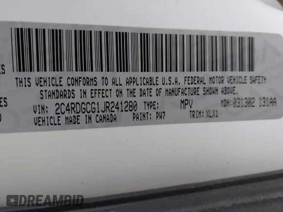 ✅ 2018 Dodge Grand Caravan SXT • VIN: 2C4RDGCG1JR241280 • Lot: 45007456. Listed on IAAI with 148,009 mi. Free auction sales archive from the USA and detailed vehicle history report at DreamBid. Image 9.