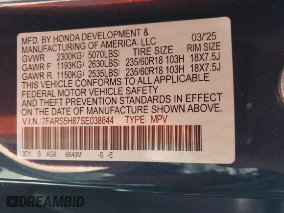 ✅ 2025 Honda CR-V Sport-L • VIN: 7FARS5H87SE038844 • Lot: 44709321. Listed on IAAI with 16,019 mi. Free auction sales archive from the USA and detailed vehicle history report at DreamBid. Image 9.
