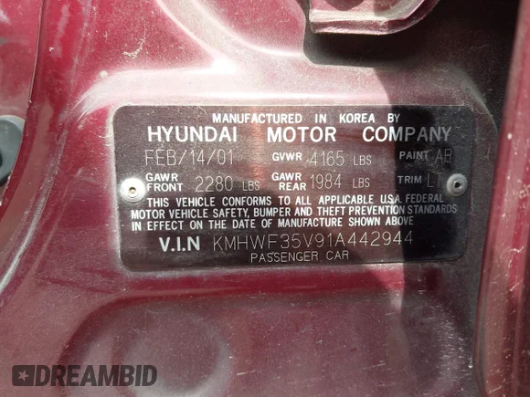 ✅ 2001 Hyundai Sonata GLS • VIN: KMHWF35V91A442944 • Lot: 45392434. Wystawiony na IAAI z przebiegiem 156 869 mil. Bezpłatny archiwum sprzedaży aukcyjnych z USA i szczegółowy raport historii pojazdu na DreamBid. Zdjęcie 9.