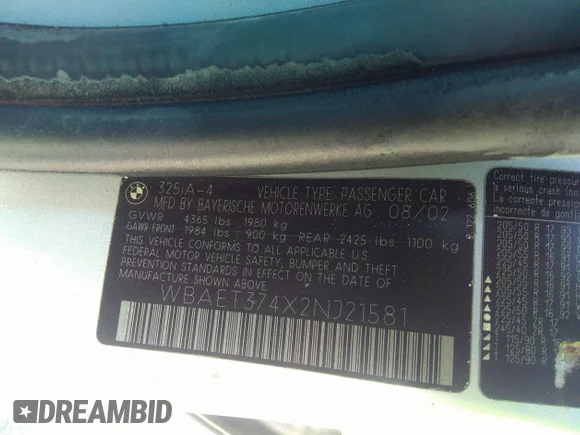 ✅ 2002 BMW 3 Series 325i • VIN: WBAET374X2NJ21581 • Лот: 42120696. Опубліковано раніше на IAAI з пробігом 247 218 миль. Безкоштовний доступ до архіву аукціонних продажів зі США та докладний звіт про історію автомобіля на DreamBid. Зображення 9.